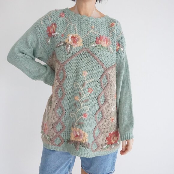 Sweaters - Vintage Sage Green Floral Braided Embroidered Cottagecore Garden Knit Sweater M